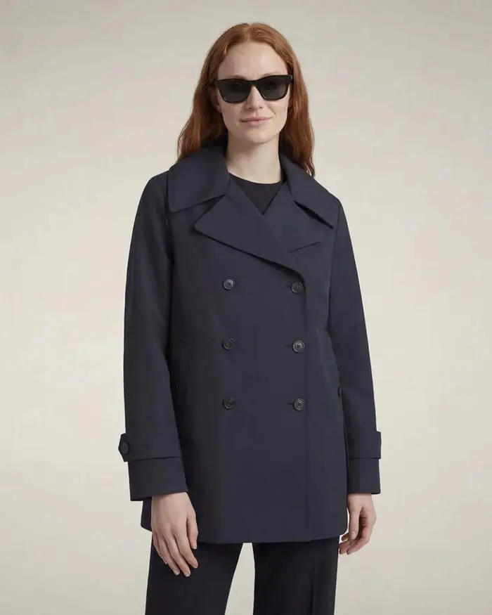 Save the duck Trench corto blu con chiusura doppiopetto e martingala sul retro