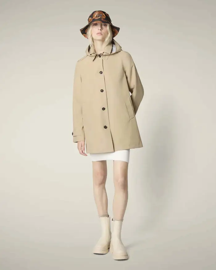 Save the duck Trench cammello monopetto con cappuccio rimovibile e regolabile