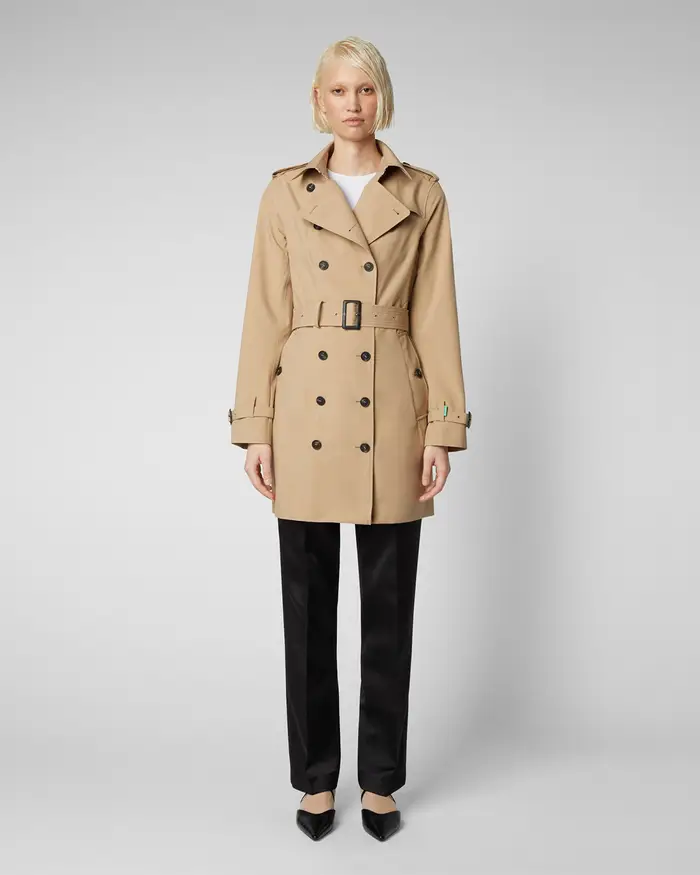 Save the duck Trench slim fit Audrey color cammello con chiusura doppiopetto e cintura in vita