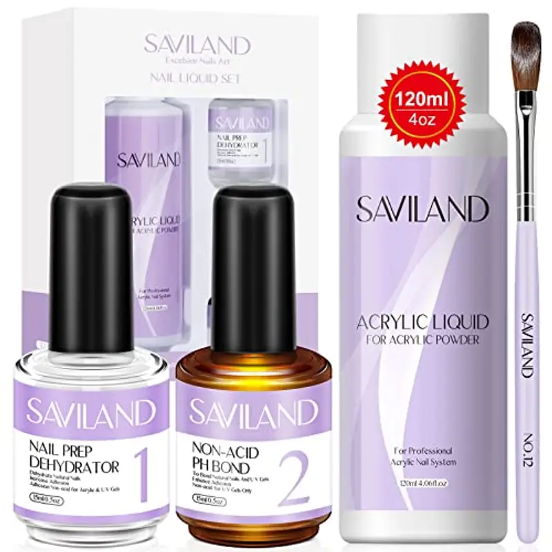Saviland Kit Monomero Liquido Acrilico - 120ML Liquido Acrilico per Unghie con Disidratatore per Unghie e PH Bond Non