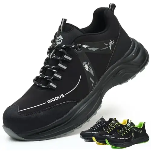 ISOOUS Scarpe Antinfortunistiche Uomo Donna Scarpe da Lavoro Leggere Scarpe da Cantiere Antiscivolo Traspiranti Nero