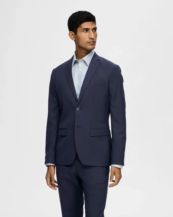 Blazer blu navy in tela di misto viscosa stretch con chiusura monopetto