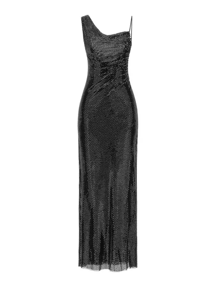 Self Portrait Abito maxi drappeggiato con strass neri Nero