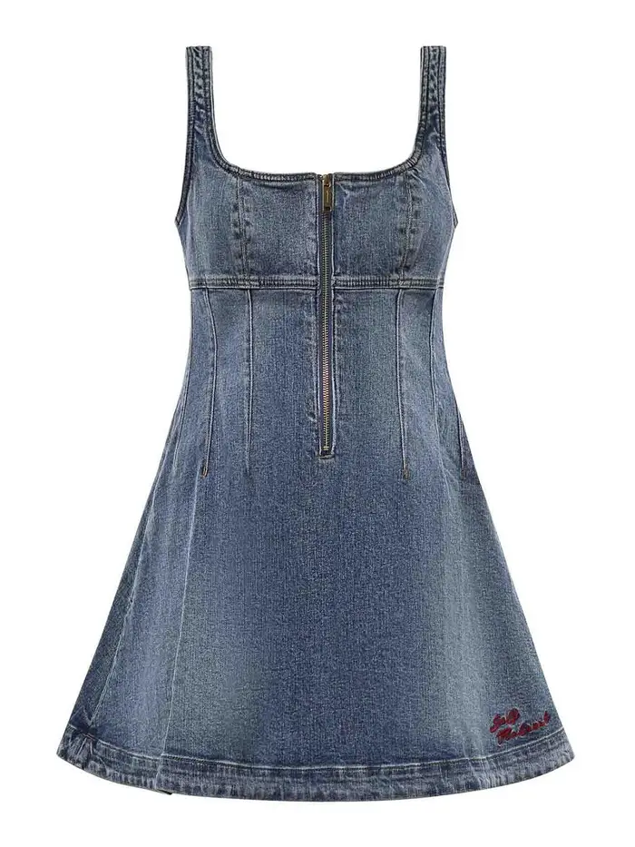 Self Portrait Mini Abito Svasato In Denim Con Logo Blu