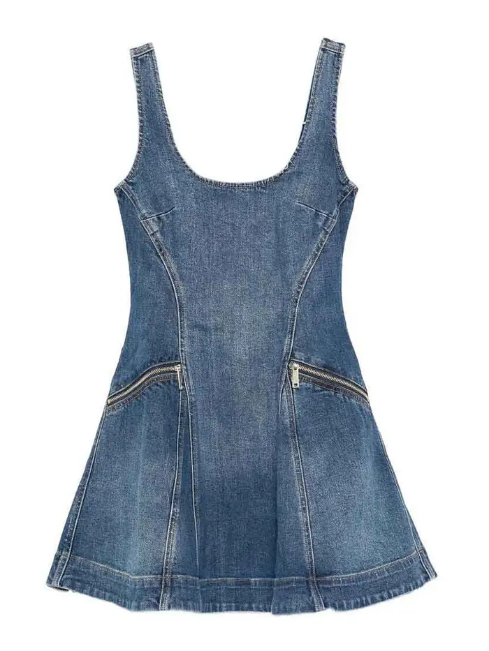 Self Portrait Miniabito svasato in denim Blu