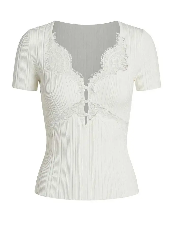 Self Portrait Top in maglia con finiture in pizzo Bianco