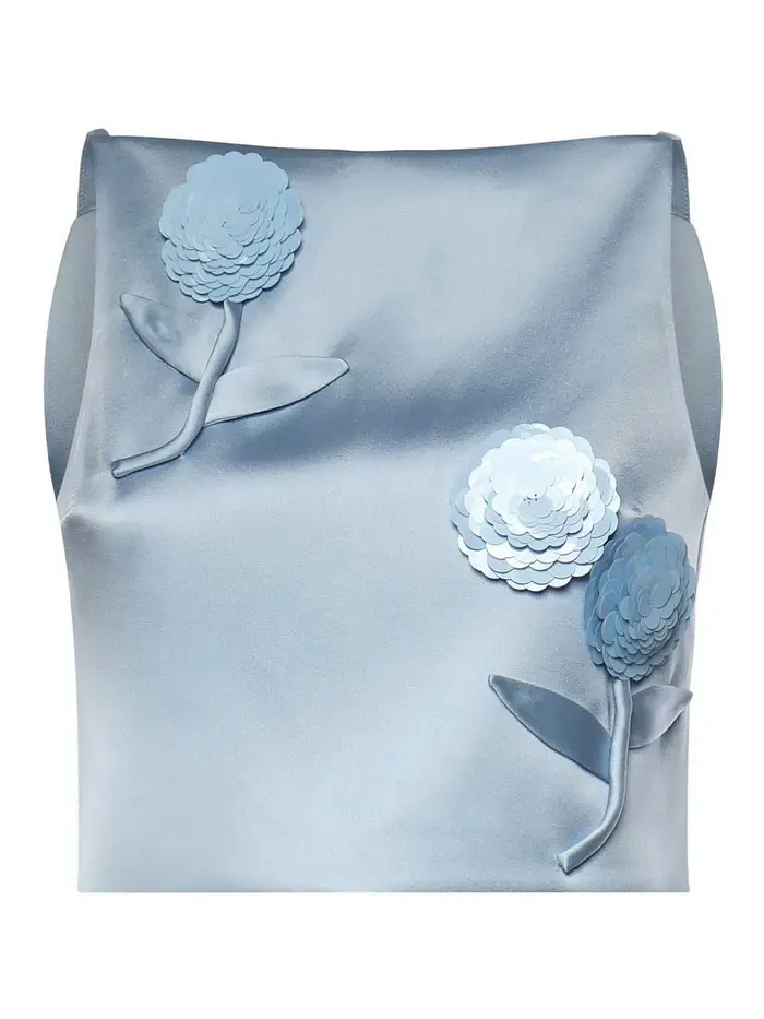 Self Portrait Top in raso con applicazioni floreali Blu