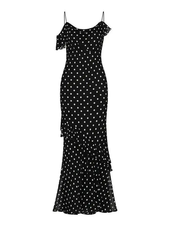 Vestito lungo in georgette a pois Nero