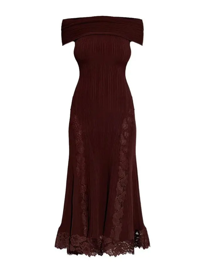 Vestito midi con inserto in pizzo lavorato Bordeaux