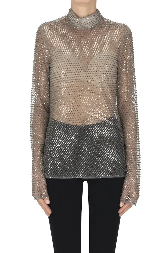 Semicouture Top con paillettes e perline Argento