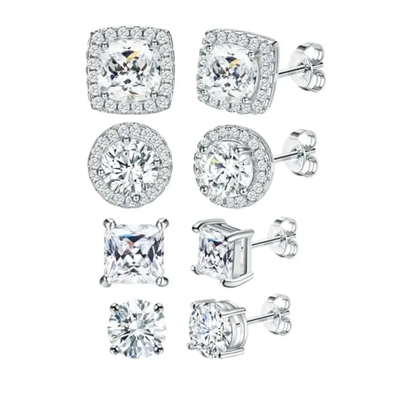 Dochais Set 4 Paia Orecchini Argento 925 Placcati Oro 14k, Ipoallergenici, Grandi Orecchini Rotondi e Quadrati Zirconi 6-10mm per Donne e