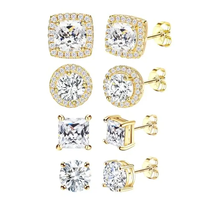 Dochais Set 4 Paia Orecchini Argento 925 Placcati Oro 14k, Ipoallergenici, Grandi Orecchini Rotondi e Quadrati Zirconi 6-10mm