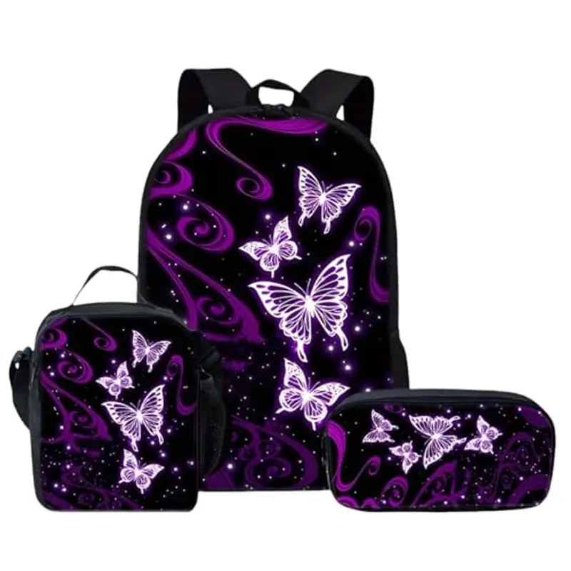 Generic Set da 3 pezzi, zaino per la scuola con farfalle, zaino per ragazze con borsa per il pranzo e astuccio, zaino leggero da 43 cm, per
