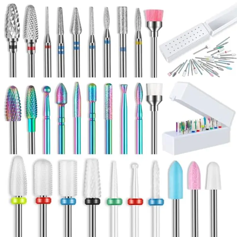 Depvko Set di 30 punte per fresa unghie con supporto a 30 fori, 12 punte in carburo da 3/32 pollici, 7 punte diamantate per unghie, 7 punte