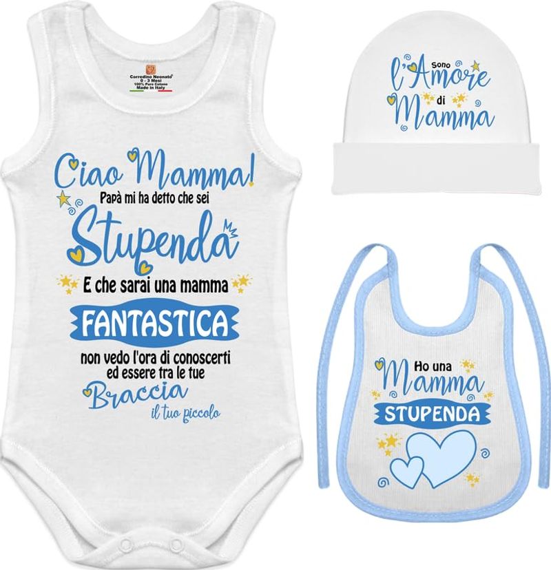 corredino neonato BRAND Set Neonato Body Smanicato Cappellino Bavetta