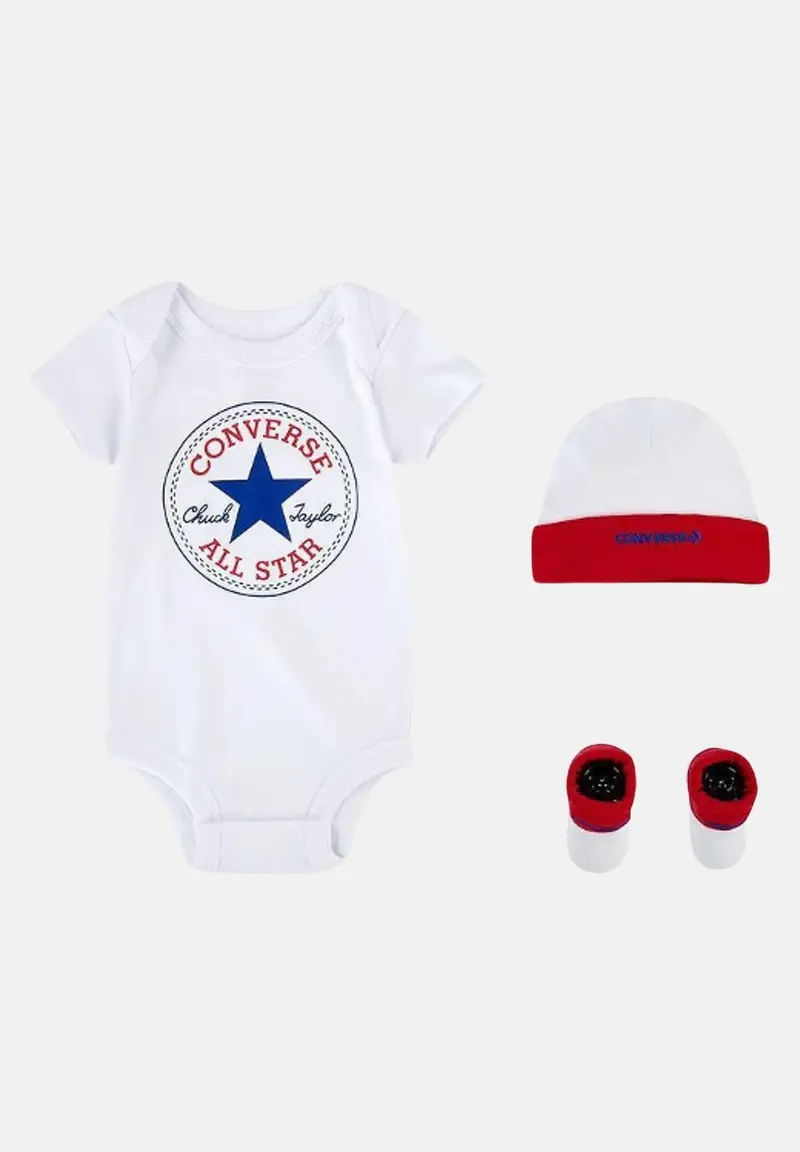 Converse Set neonato bianco blu rosso, composto da cappellino body e calzini
