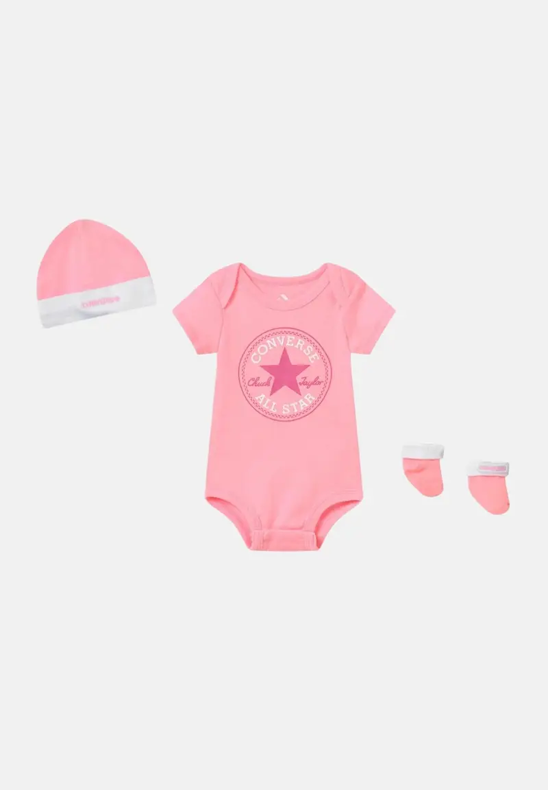 Converse Set neonato rosa e bianco, composto da cappellino body e calzini