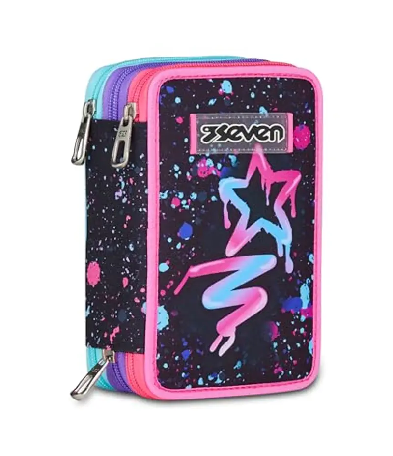 Seven Astuccio Scuola 3 Zip, Nero, Portapenne Triplo Scomparto Completo Di Penne, Matite, Colori, Accessori Zaino, Scuole Elementari