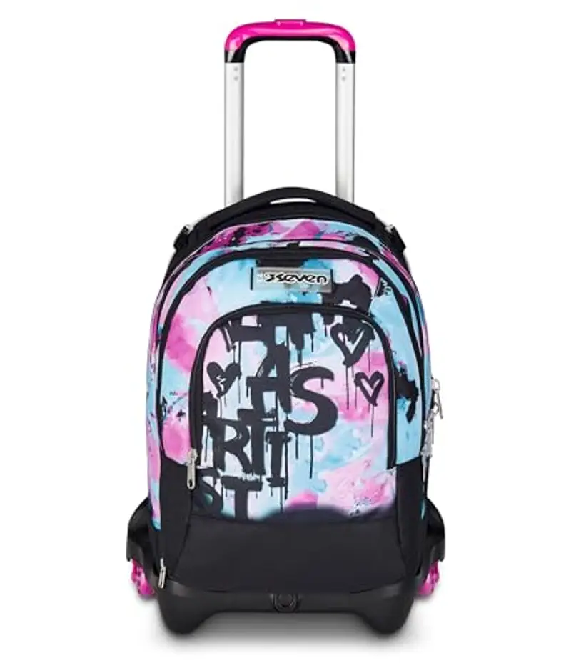 Seven Trolley Scuola Jack 3 Ruote Detach, Azzurro Fucsia, Zaino Con Carrello Sganciabile da 37 L Tasca Borraccia, Zainetto Staccabile