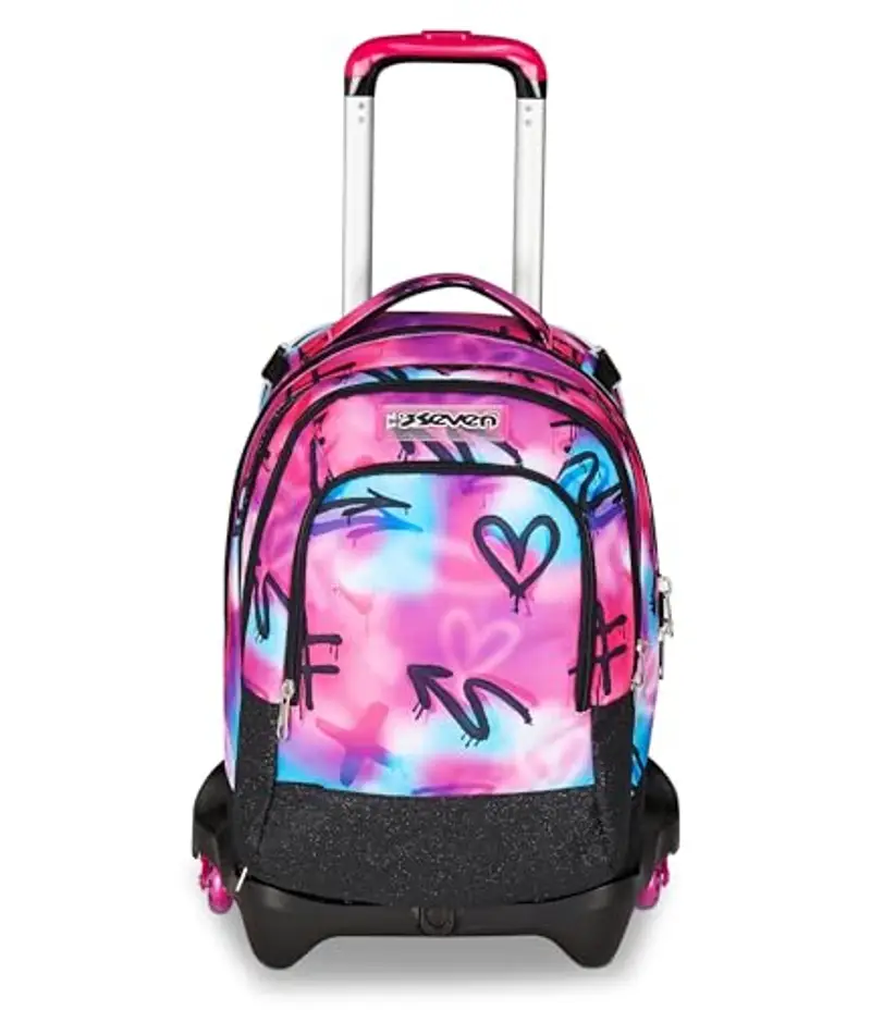Seven Trolley Scuola Jack 3 Ruote Detach, Fucsia Azzurro, Zaino Con Carrello Sganciabile Da 37 Litri, Tasca Borraccia, Zainetto Staccabile