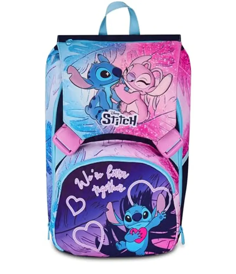 Seven Zaino Doppio Lilo & Stitch Scomparto Estensibile, Lilla, Maxi Capienza, Schienale Preformato, Bambina, Scuola Elementare