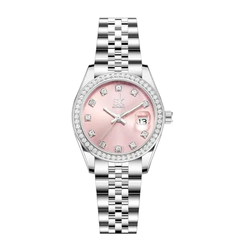 SHENGKE Donna cristallo accentato con banda in lega d'acciaio solido orologio Elegante vestito orologi al quarzo calendario per le donne