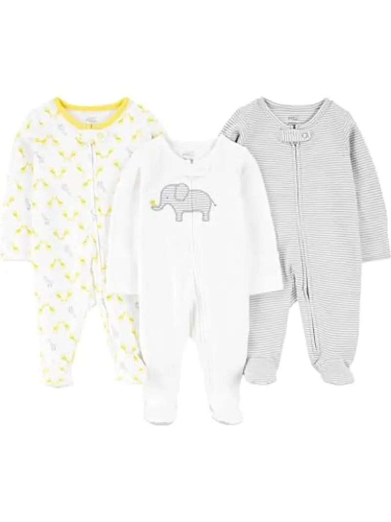 Simple Joys by Carter's 3-Pack Neutral Sleep And Play Footie, Bianco Elefante/Grigio Chiaro Mini Righe/Giraffe, 3-6 Mesi (Pacco da 3)