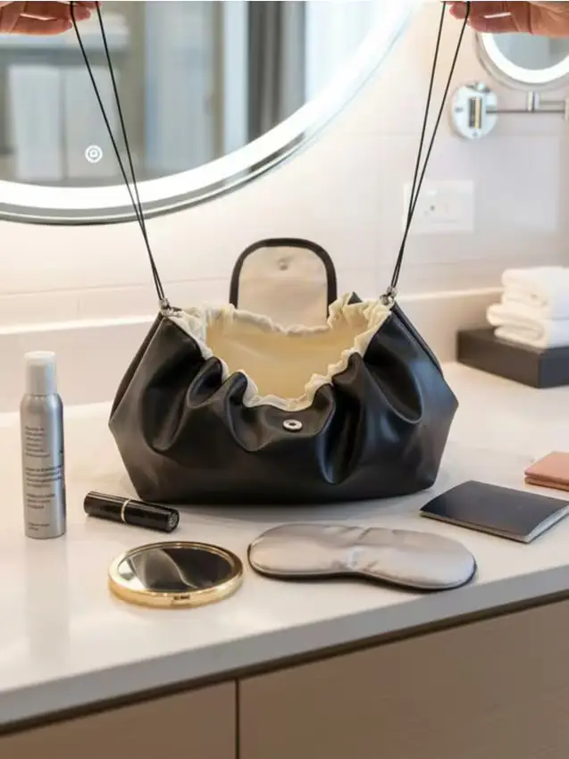 Beauty case con coulisse e manico - nero
