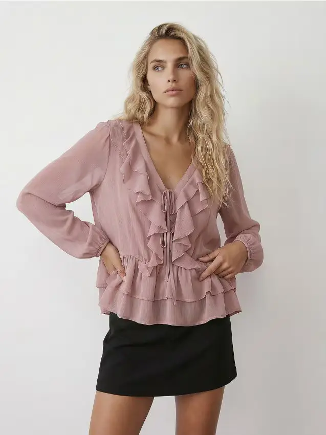 Blusa con volant e laccetti - rosa cipria
