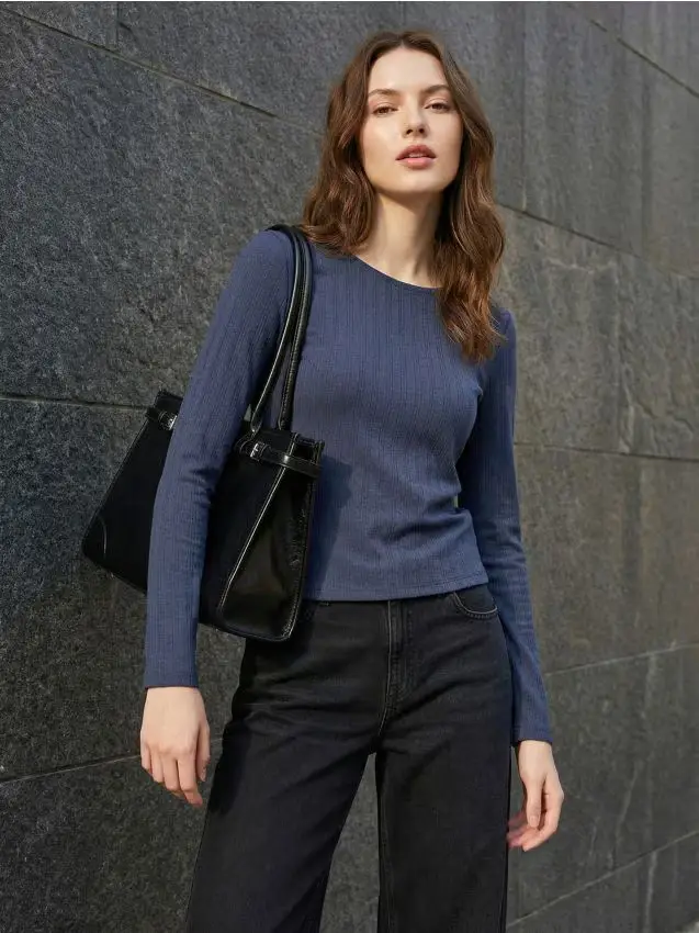 Sinsay Blusa di cotone a coste con maniche lunghe - blu