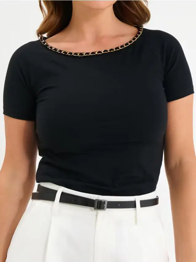 Sinsay Blusa in cotone con scollo decorativo - nero