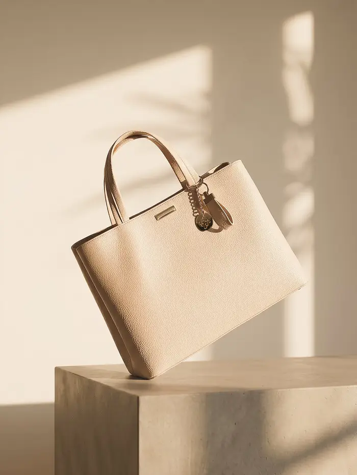 Borsa tote grande con ciondolo, in ecopelle martellata - beige
