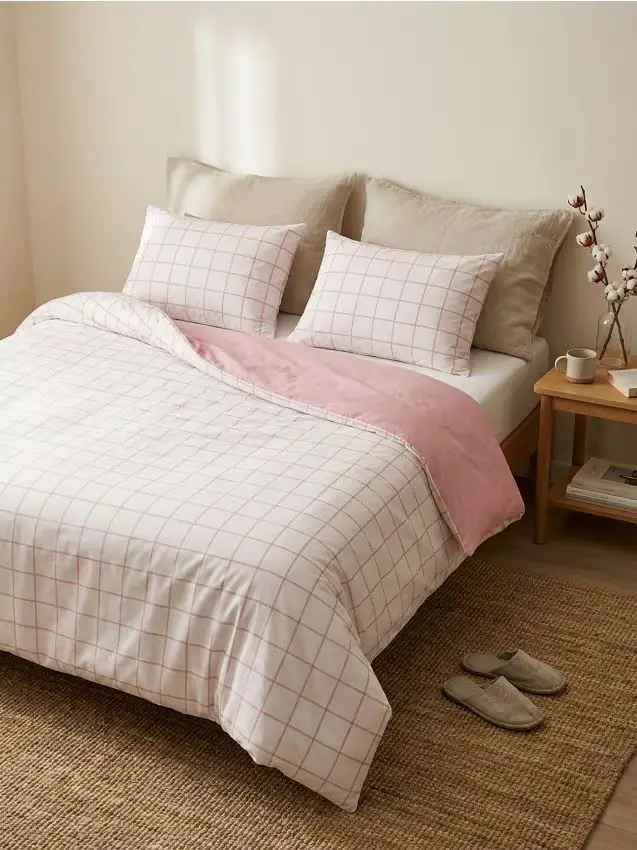 Completo letto reversibile a quadri - rosa cipria