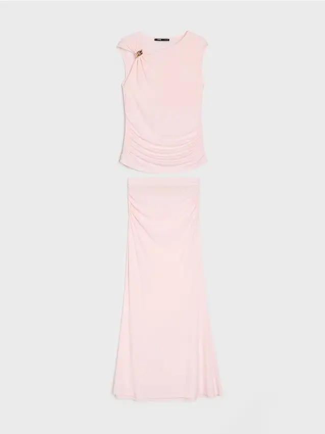Completo top drappeggiato e gonna maxi - rosa pastello