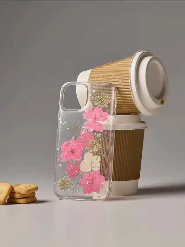 Sinsay Custodia trasparente per iPhone 11/XR con fiori rosa essiccati e brillantini - multicolor