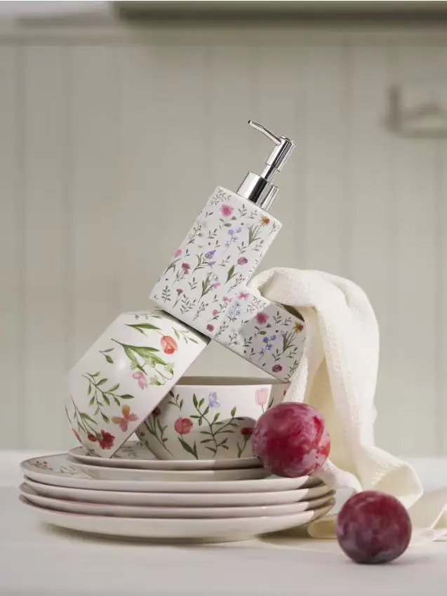 Sinsay Dispenser in ceramica per sapone con scomparto per spugna e motivo floreale - multicolor