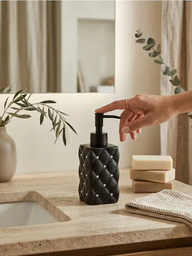 Dispenser per sapone con trapuntatura e strass - nero