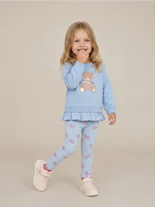 Felpa crewneck in cotone con balza decorativa in fleece - azzurro