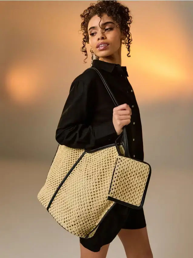 Grande borsa a spalla intrecciata con portafoglio - panna