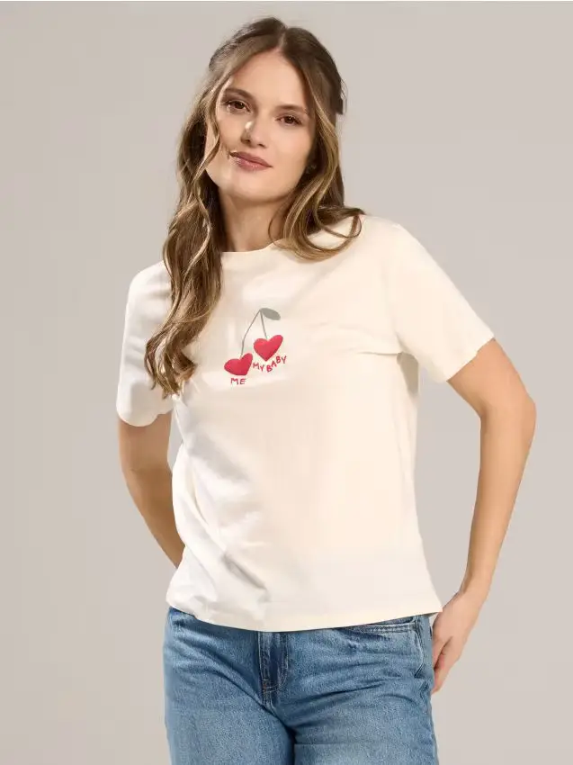 Sinsay Maglietta di cotone con testo ricamato Me My Baby - panna