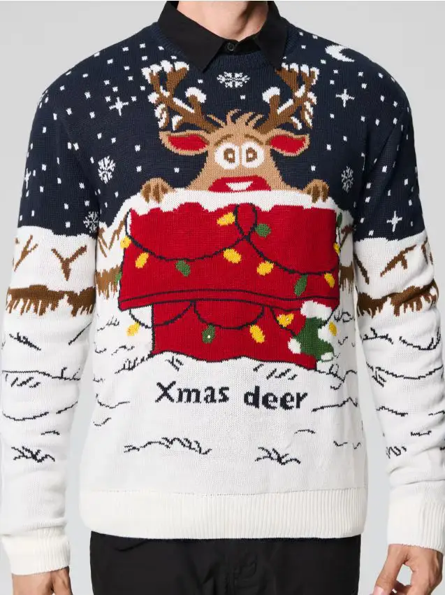Maglione di Natale con renna e luci lampeggianti - blu scuro