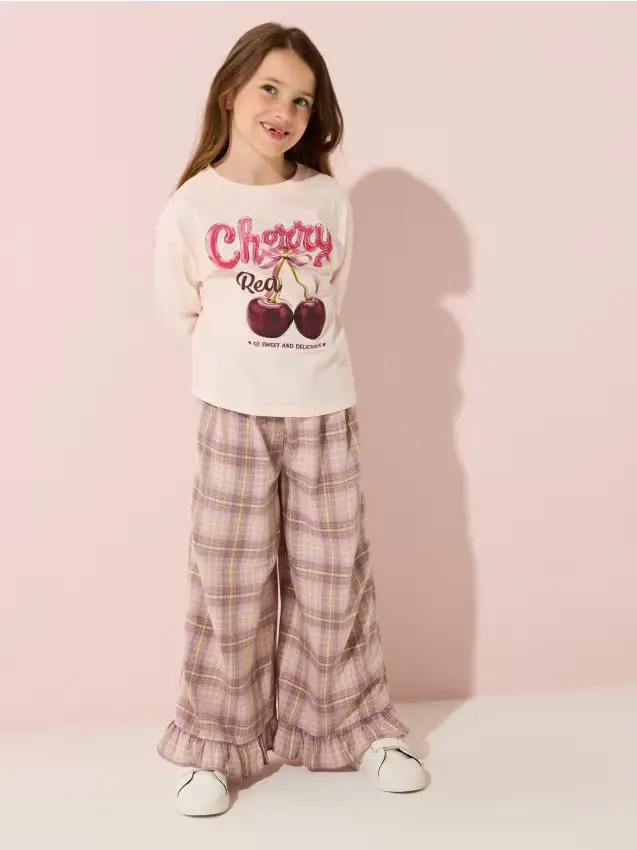 Pantaloni wide leg a quadri con volant decorativi - multicolor