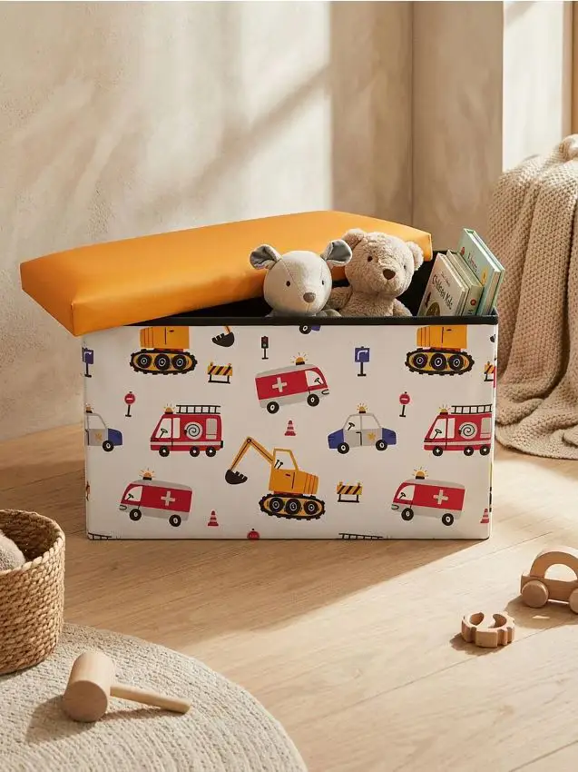 Pouf con funzione contenitore con motivo di veicoli urbani e da costruzione - giallo