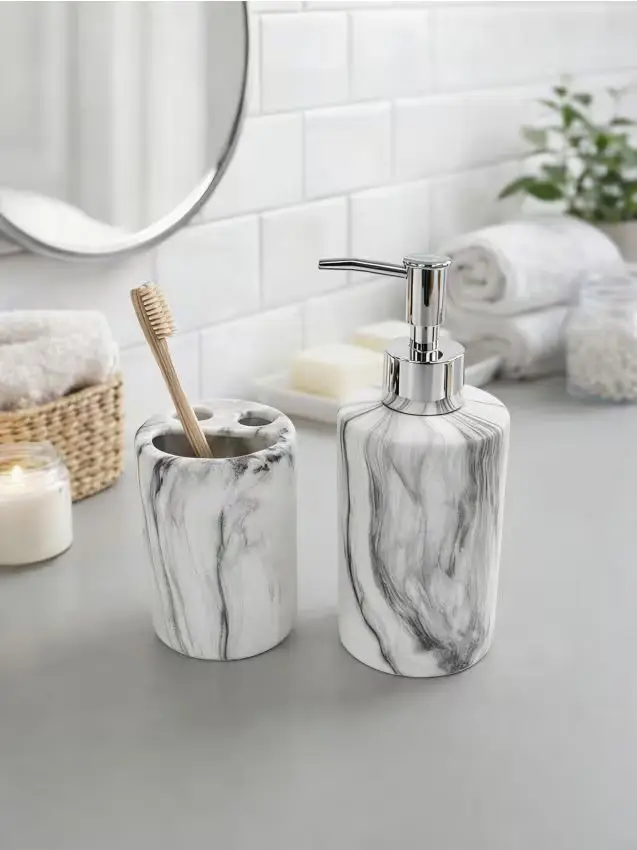 Sinsay Set da bagno con motivo marmorizzato dispenser di sapone e portaspazzolini 2 pack - grigio chiaro