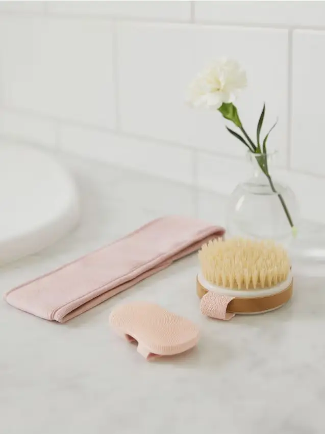 Set da bagno fascia per capelli, spazzola per la pulizia del viso, spazzola da lavaggio - rosa