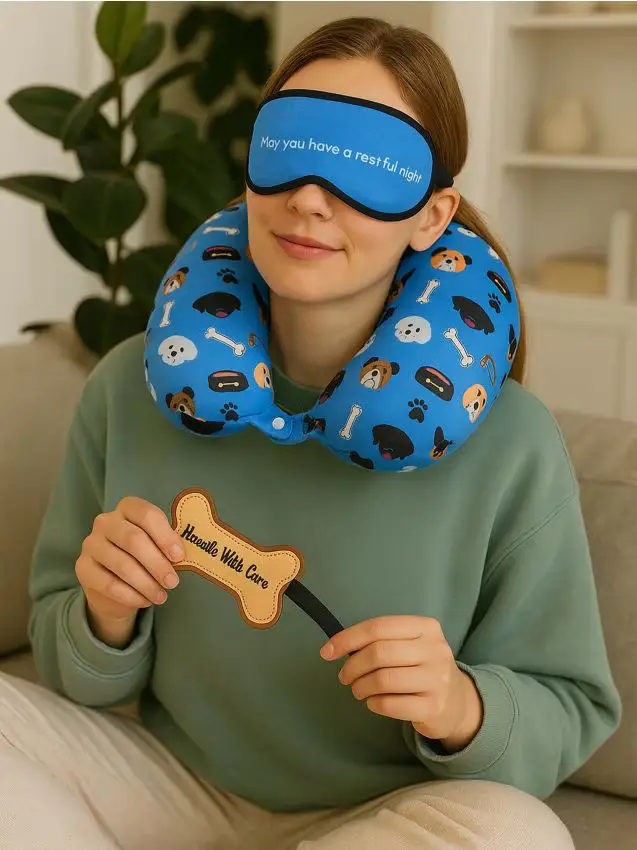 Sinsay Set da viaggio cuscino, mascherina per occhi e targhetta con nome - azzurro