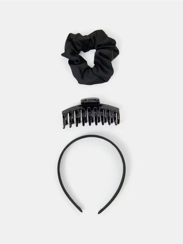 Set di accessori per capelli con fascia, elastico e molletta - nero