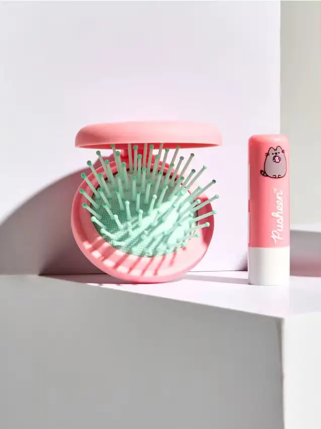 Spazzola per capelli pieghevole con specchietto Pusheen The Cat - rosa pastello