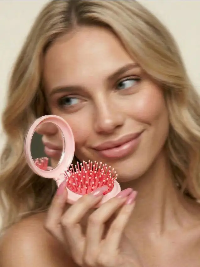 Spazzola pieghevole per capelli con specchietto con motivo ciliegie - rosa pastello