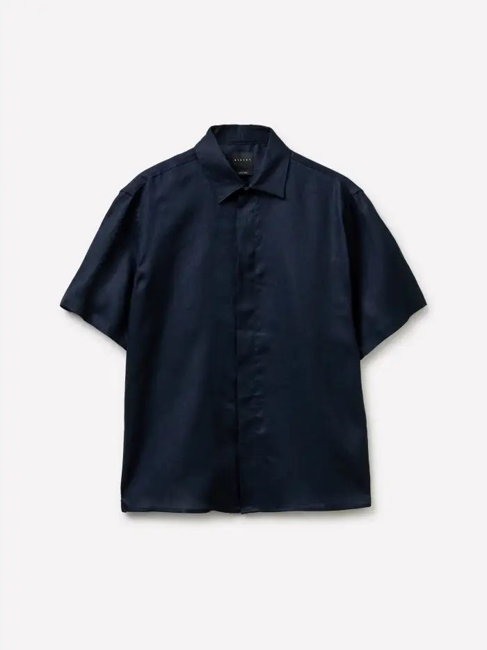 Sisley Camicia A Manica Corta 100% Lino, Uomo, Blu Scuro